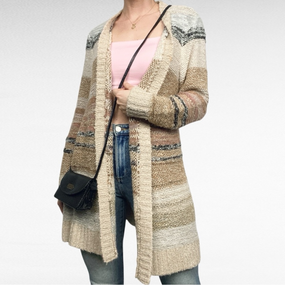 Westport 1962 | Multi-Tone Beige Long Striped Open Front Cardigan Sweater 1X